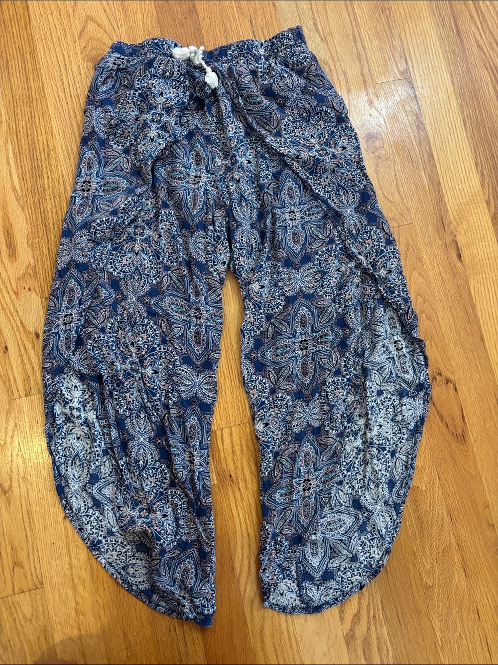 Boho Paisley Wide-Leg Drawstring Pants - Blue
